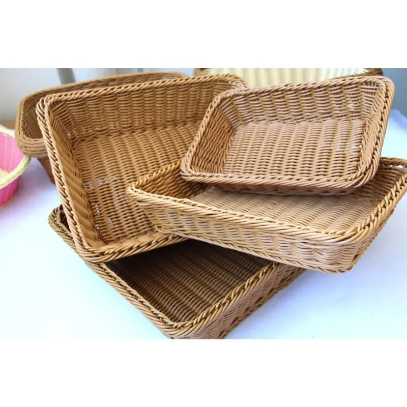 Hand-Woven Imitation Rattan Wicker Basket Rectangular Storage Box Fruit Tea Snack Bread Basket Cosmetic House Kitchen Supplies