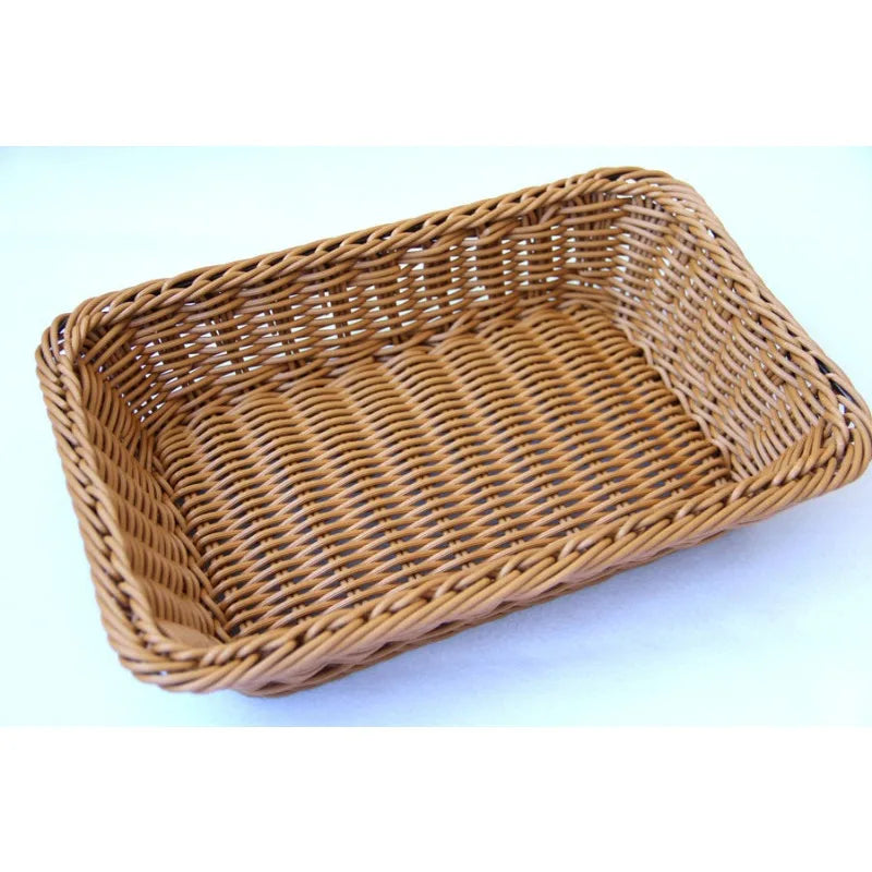 Hand-Woven Imitation Rattan Wicker Basket Rectangular Storage Box Fruit Tea Snack Bread Basket Cosmetic House Kitchen Supplies
