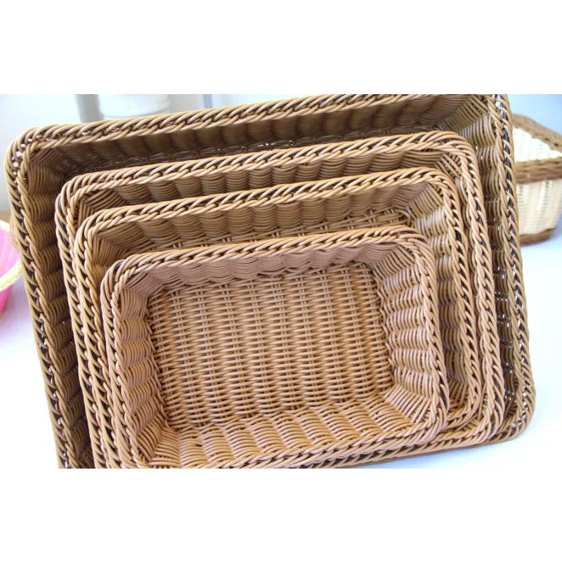Hand-Woven Imitation Rattan Wicker Basket Rectangular Storage Box Fruit Tea Snack Bread Basket Cosmetic House Kitchen Supplies