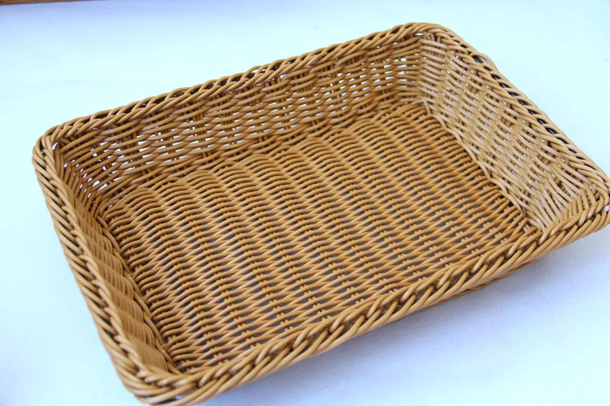 Hand-Woven Imitation Rattan Wicker Basket Rectangular Storage Box Fruit Tea Snack Bread Basket Cosmetic House Kitchen Supplies