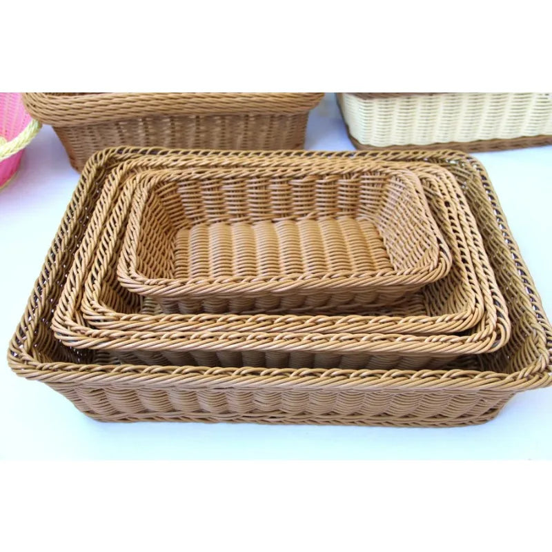 Hand-Woven Imitation Rattan Wicker Basket Rectangular Storage Box Fruit Tea Snack Bread Basket Cosmetic House Kitchen Supplies