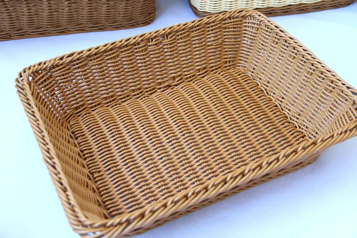 Hand-Woven Imitation Rattan Wicker Basket Rectangular Storage Box Fruit Tea Snack Bread Basket Cosmetic House Kitchen Supplies