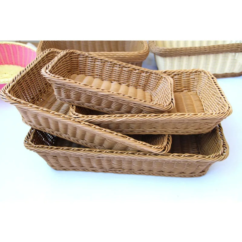 Hand-Woven Imitation Rattan Wicker Basket Rectangular Storage Box Fruit Tea Snack Bread Basket Cosmetic House Kitchen Supplies